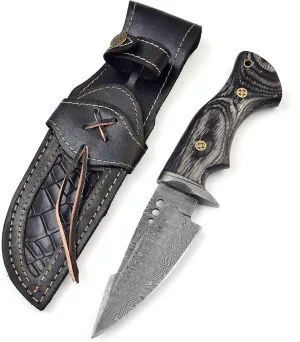 Handmade Damascus hunting knife with Leather sheath Belt Loop - Fixed blade Survival knives for men - Razor Sharp Damascus Steel knives with Ergonomic Black wood handle