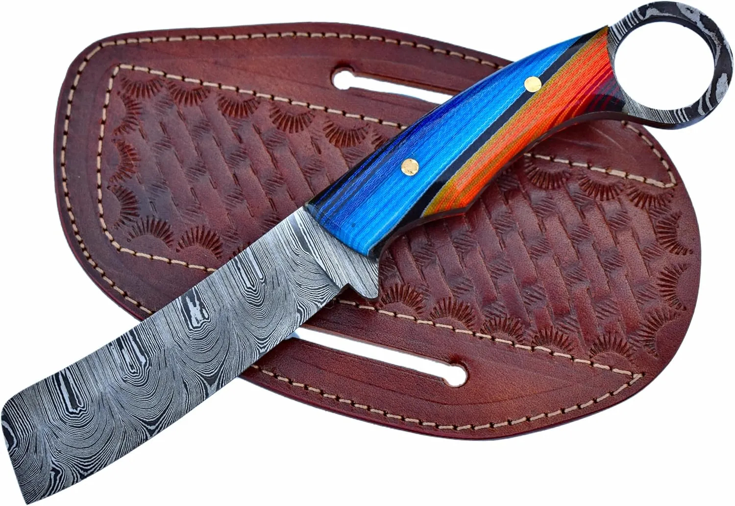 Handmade Damascus steel Bull Cutter Knife with Leather Sheath Cowboy knife Mexican Blanket Micarta Handle 8" Fixed Blade Hunting Knife with Pancake Sheath EDC (mexican blanket)
