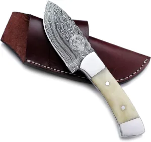 Handmade Damascus Steel Fixed Blade Knife – Perfect for EDC, Hunting, Survival, Camping, and Fishing – Drop Point Blade, Full Tang Bone Handle, Premium Leather Sheath - WKD-804