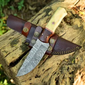 Handmade Damascus Steel Hunting Knife 9 Inches Fixed Blade Knife With Leather Sheath G-127 Bone
