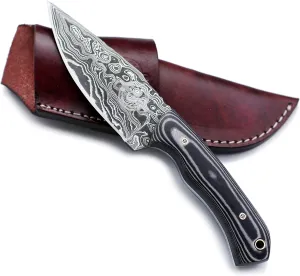 Handmade Damascus Steel Knife for Hunting,Survival,Camping and Fishing Fixed Blade with Drop Point Blade Full Tang Micarta Handle and Cowhide-Leather Sheath - WKD-782