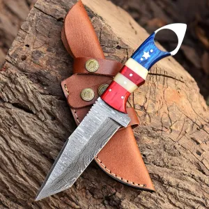 Handmade Damascus Steel Tanto Blade Skinning Knife for Hunting With Leather Sheath Belt Loop - Fixed Blade Tactical Survival Knives for Men - American TX Handle Deer Hunting Knife for Camping, (4004)