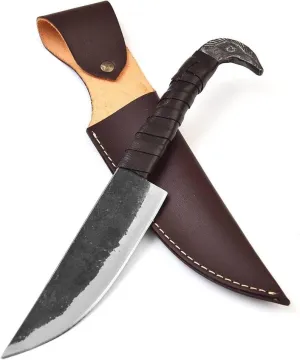 Handmade Fixed Hunting Knife | Raven Head Norse Viking Knife with Leather Sheath, Hand Forged Real Carbon Steel Blade for Camping