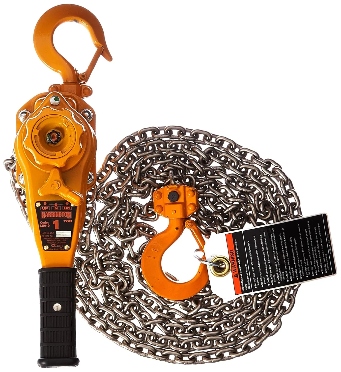 Harrington LB Series Steel Lever Hoist, 9-19/32" Lever, 1 Ton Capacity, 15' Lift Height, 1.1" Opening, 11.8" Headroom