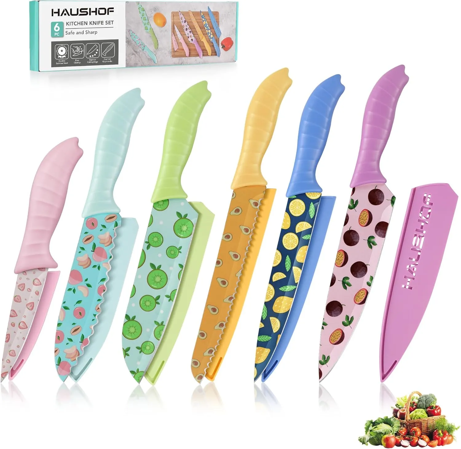 HAUSHOF Kitchen Knife Set, 12-Piece Colorful Knives Set with 6 Sheaths, Non-Stick Coated Stainless Steel Fruit Pattern Blades for Slicing, Dicing&Cutting, Gifts Knife Set for Dad, Mom
