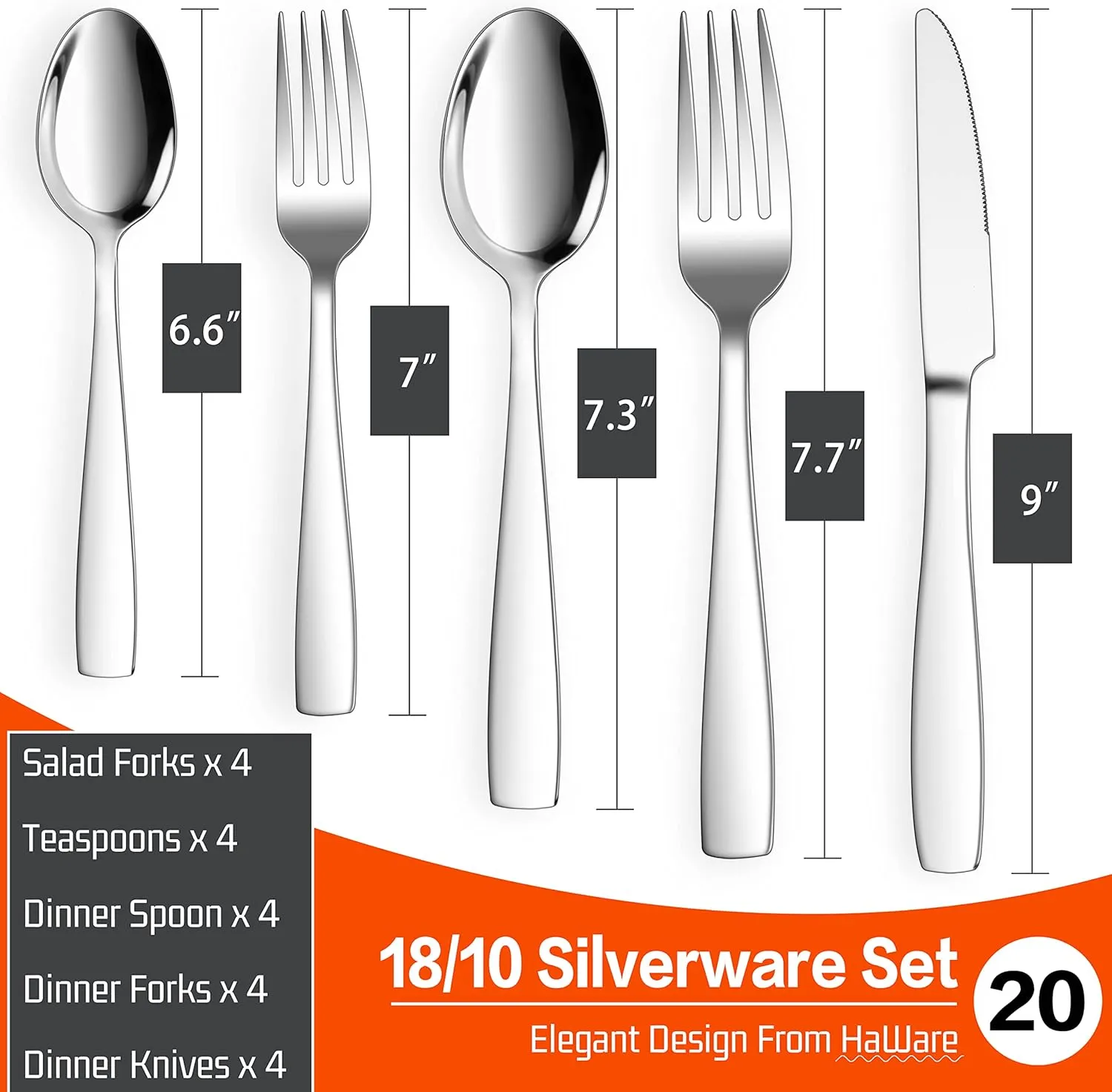 HaWare 18/10 Stainless Steel Flatware, 20-Piece Silverware Set Service for 4, Fancy Tableware Cutlery Set for Home Restaurant, Include Knife Fork Spoon, Mirror Finish Eating Utensils, Dishwasher Safe