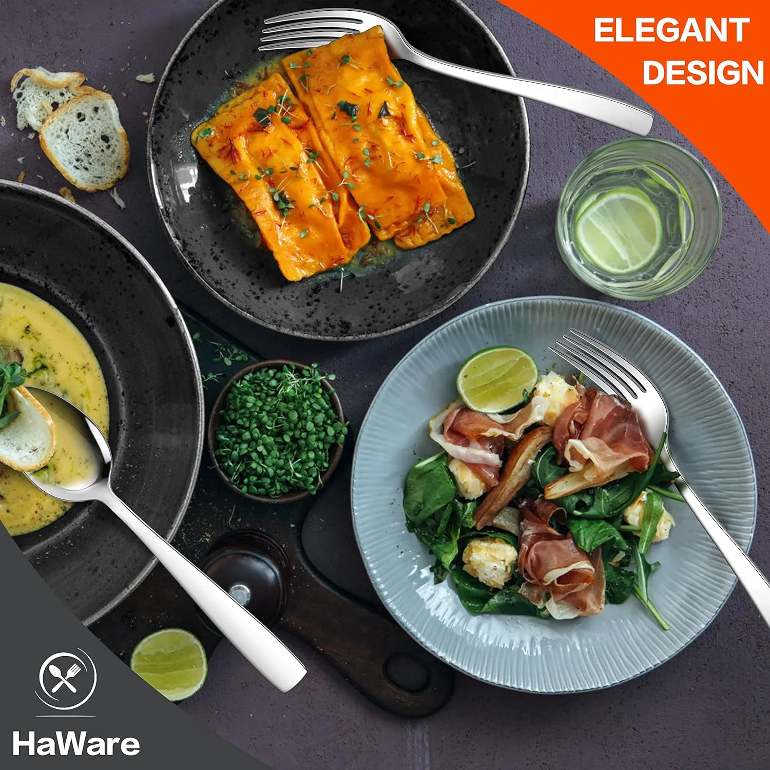HaWare 18/10 Stainless Steel Flatware, 20-Piece Silverware Set Service for 4, Fancy Tableware Cutlery Set for Home Restaurant, Include Knife Fork Spoon, Mirror Finish Eating Utensils, Dishwasher Safe