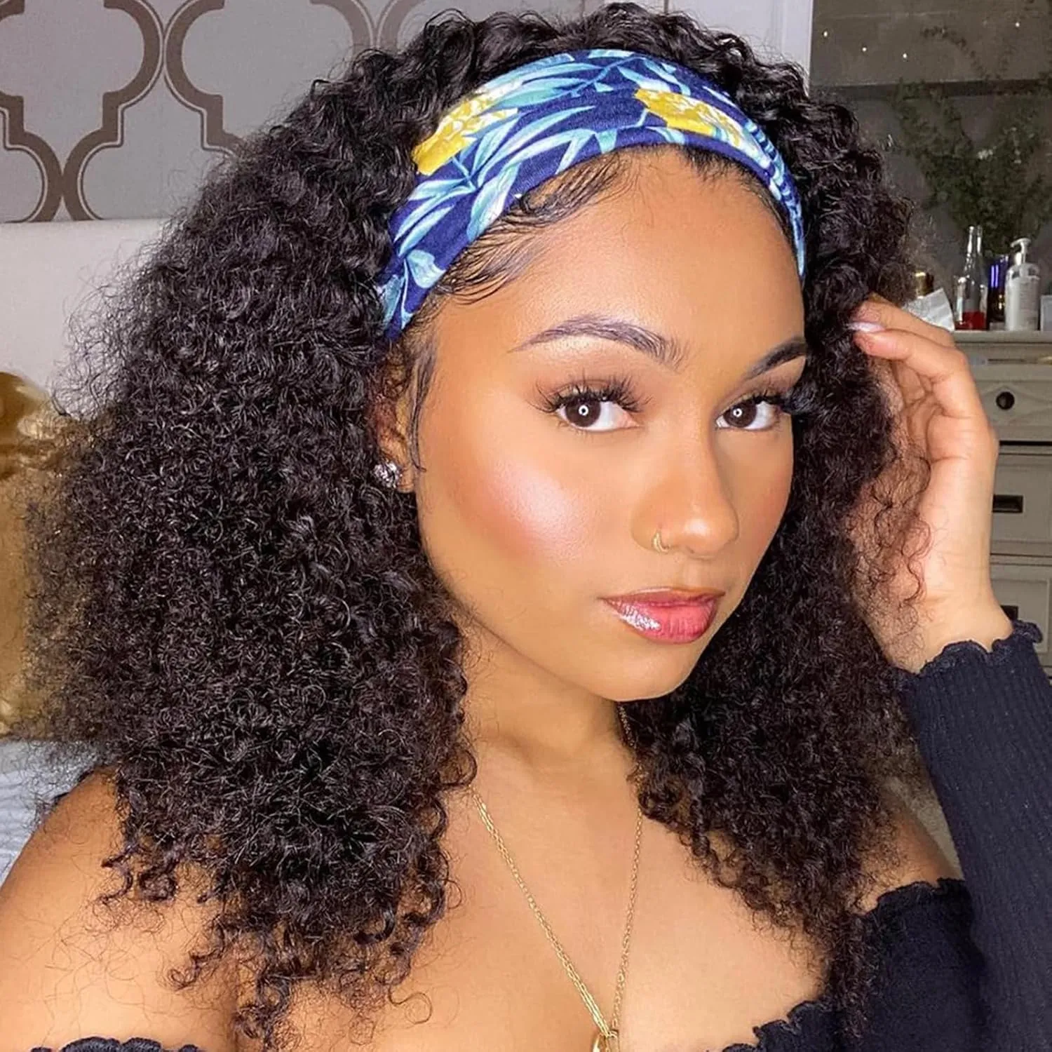 Headband Wig Human Hair 180% Density Kinkycurly Headband Wigs Glueless Curly Human Hair Wig for Women Natural Color 20 Inch