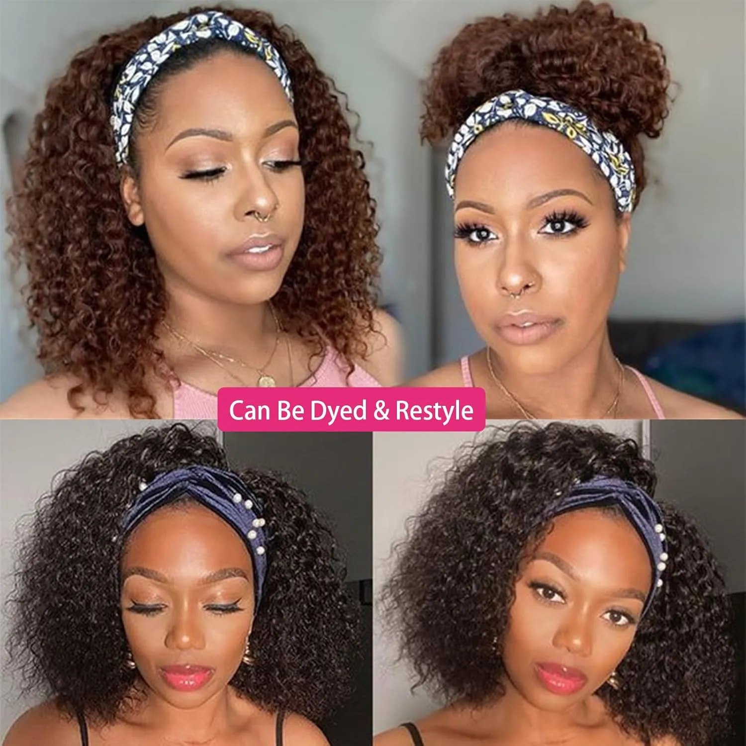 Headband Wig Human Hair 180% Density Kinkycurly Headband Wigs Glueless Curly Human Hair Wig for Women Natural Color 20 Inch