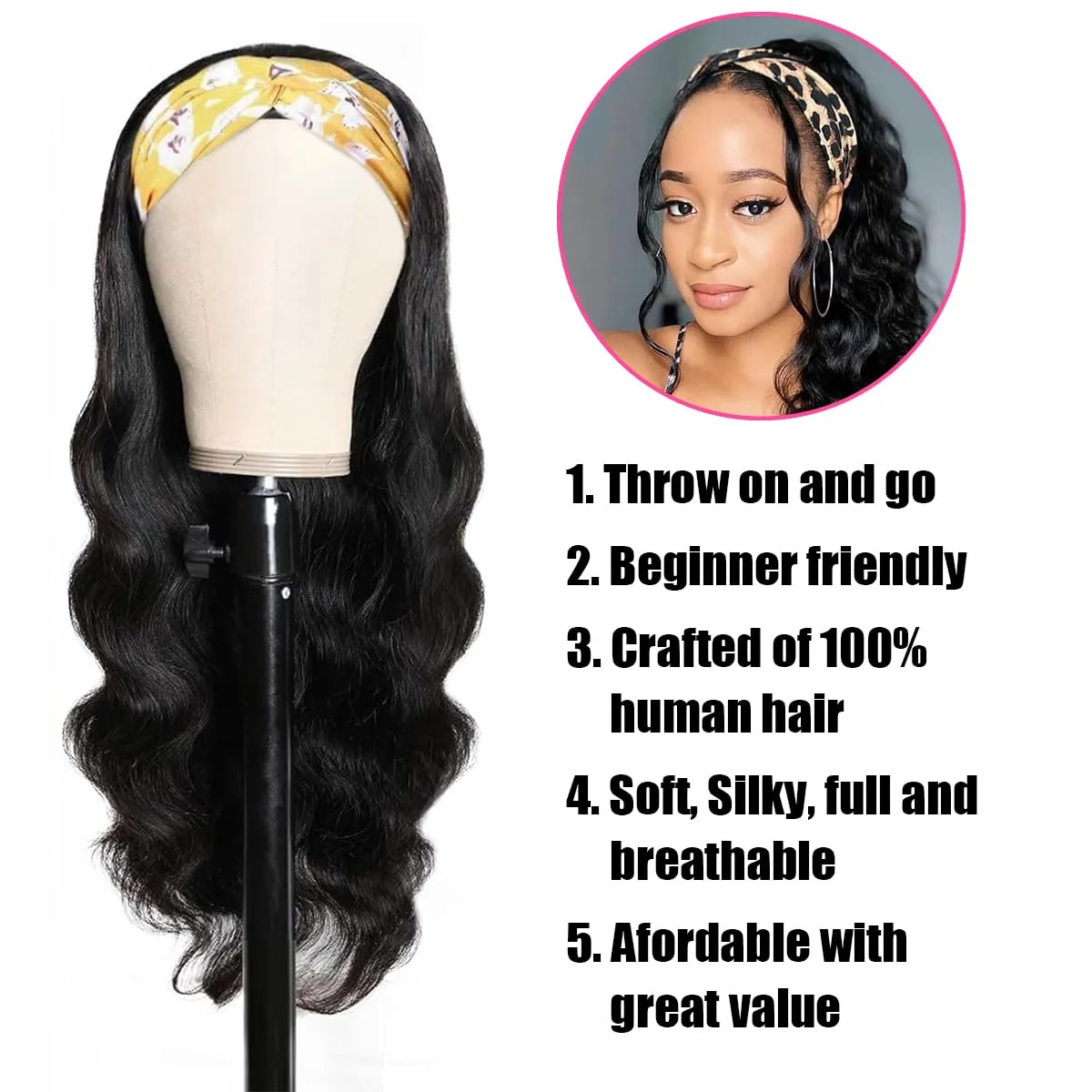 Headband Wig Human Hair for Women 20-Inch 180% Density Body Wave Headband Wigs Glueless Human Hair Wig(Body Wave, Natural Black)