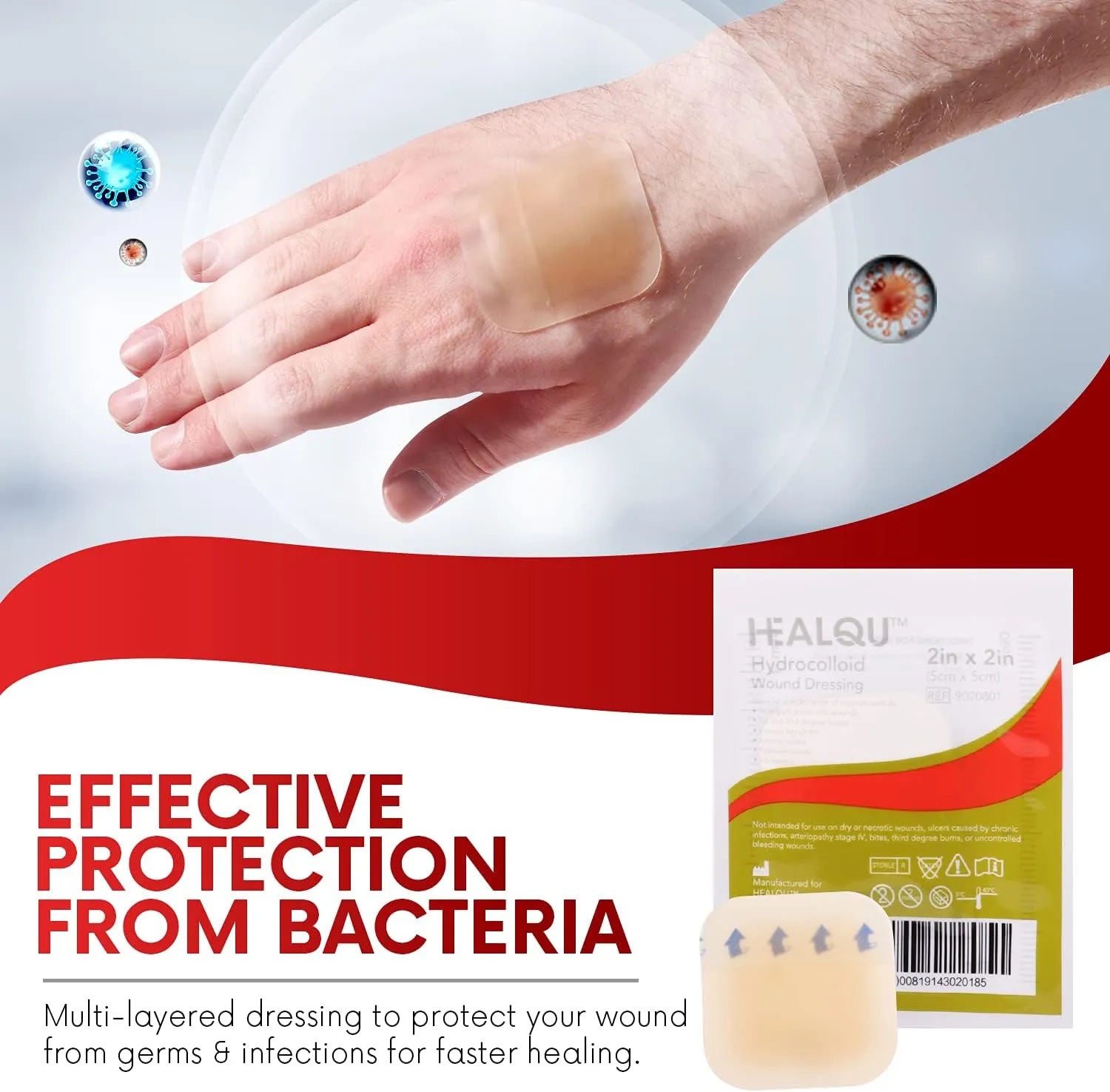 Healqu Hydrocolloid Wound Dressing - 6x6" Thin - Box of 10 Large Bandages - Sterilized Bordered Hydrocolloid Patches for Bed Sores, Abrasions, and More - Waterproof and Absorbent with Protective