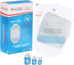 HEALQU Transparent Film Dressing, 6" x 8" Pack of 10 Waterproof Wound Bandage Adhesive Patches, Post Surgical Shower or IV Shield, Tattoo Aftercare Bandage by Healqu