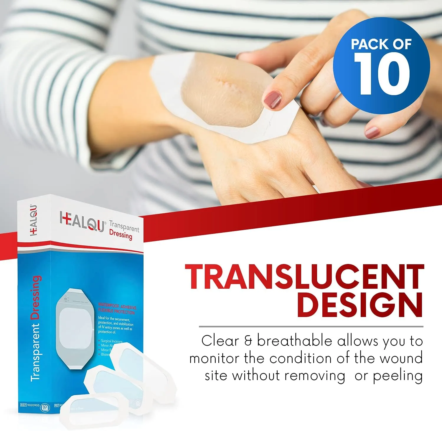 HEALQU Transparent Film Dressing, 6" x 8" Pack of 10 Waterproof Wound Bandage Adhesive Patches, Post Surgical Shower or IV Shield, Tattoo Aftercare Bandage by Healqu