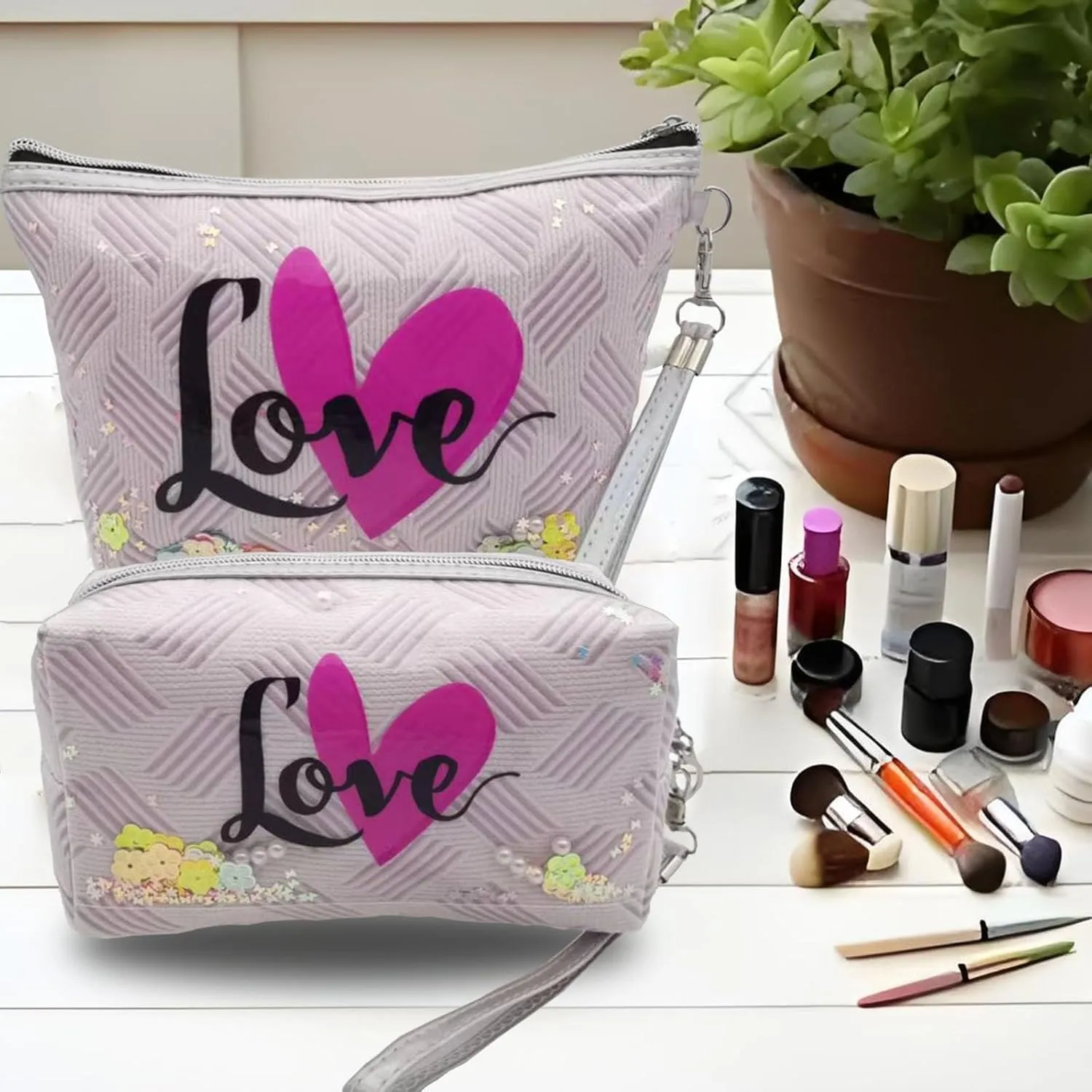 Heart & Love Cosmetic Bag for Women & Girls | Gift-Ready Waterproof PU Leather Makeup Organizer | Travel-Friendly Compact & Large Sizes (7” & 9”)
