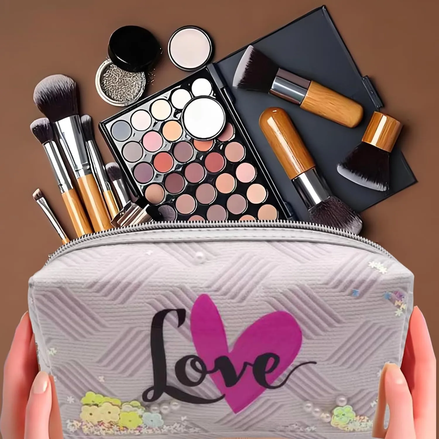 Heart & Love Cosmetic Bag for Women & Girls | Gift-Ready Waterproof PU Leather Makeup Organizer | Travel-Friendly Compact & Large Sizes (7” & 9”)