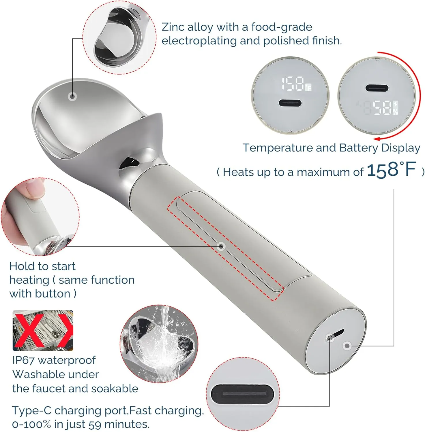 Heated Ice Cream Scoop, USB Rechargeable Electric Scooper with LED Display, Heats to 158°F for Hard Ice Cream, Easy for Seniors & Kids, IP67 Waterproof – Grey