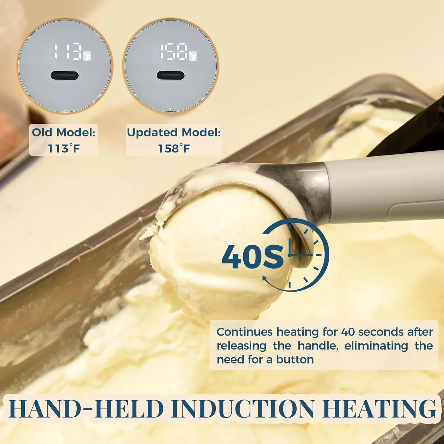 Heated Ice Cream Scoop, USB Rechargeable Electric Scooper with LED Display, Heats to 158°F for Hard Ice Cream, Easy for Seniors & Kids, IP67 Waterproof – Grey