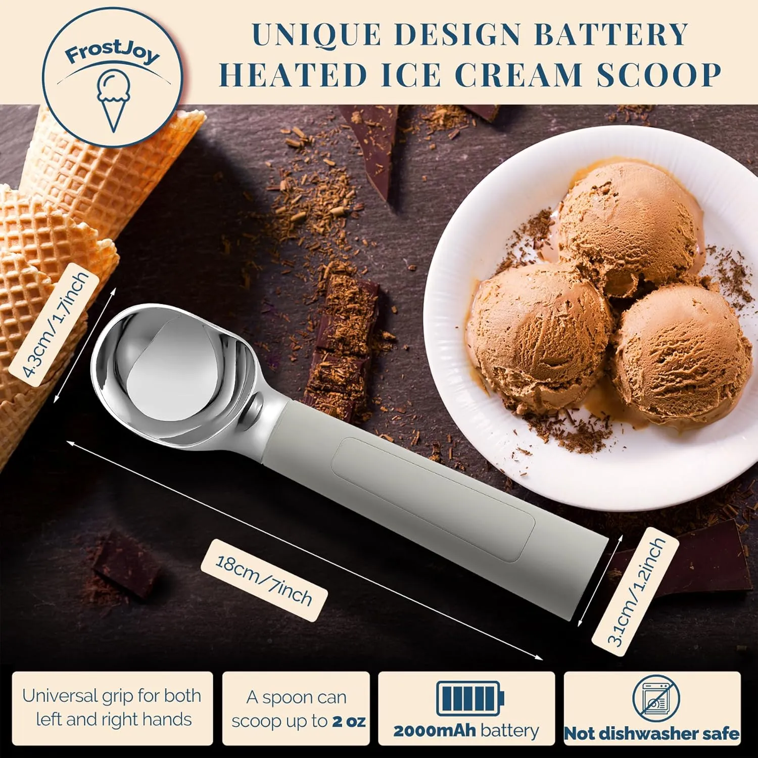 Heated Ice Cream Scoop, USB Rechargeable Electric Scooper with LED Display, Heats to 158°F for Hard Ice Cream, Easy for Seniors & Kids, IP67 Waterproof – Grey