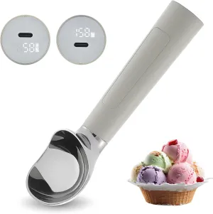 Heated Ice Cream Scoop, USB Rechargeable Electric Scooper with LED Display, Heats to 158°F for Hard Ice Cream, Easy for Seniors & Kids, IP67 Waterproof – Grey