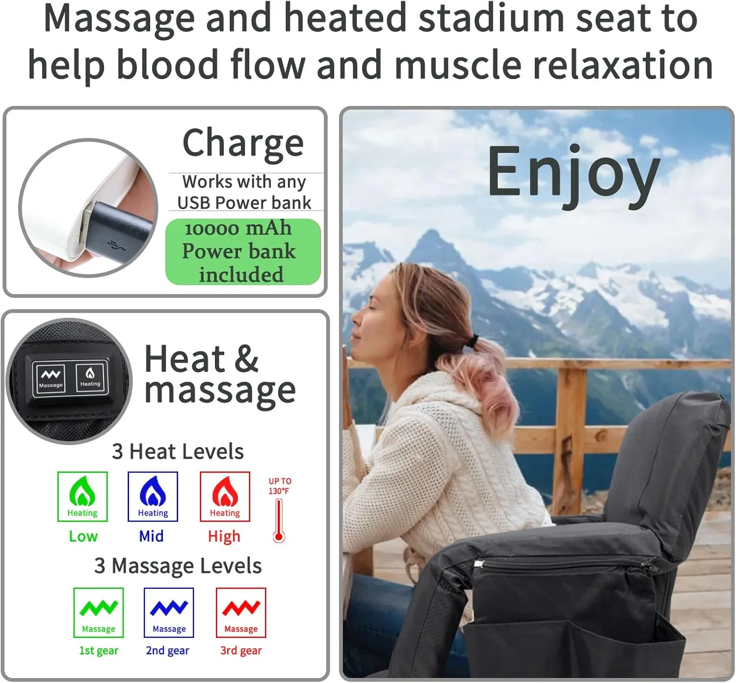 Heated Stadium Seats for Bleachers 21 Inch - Bleacher Seat with 10000mAh, Stadium Seats with Back Support, 3 Levels of Heat&Massage, 6 Reclining Positions, Stadium Chair Outdoor Sports