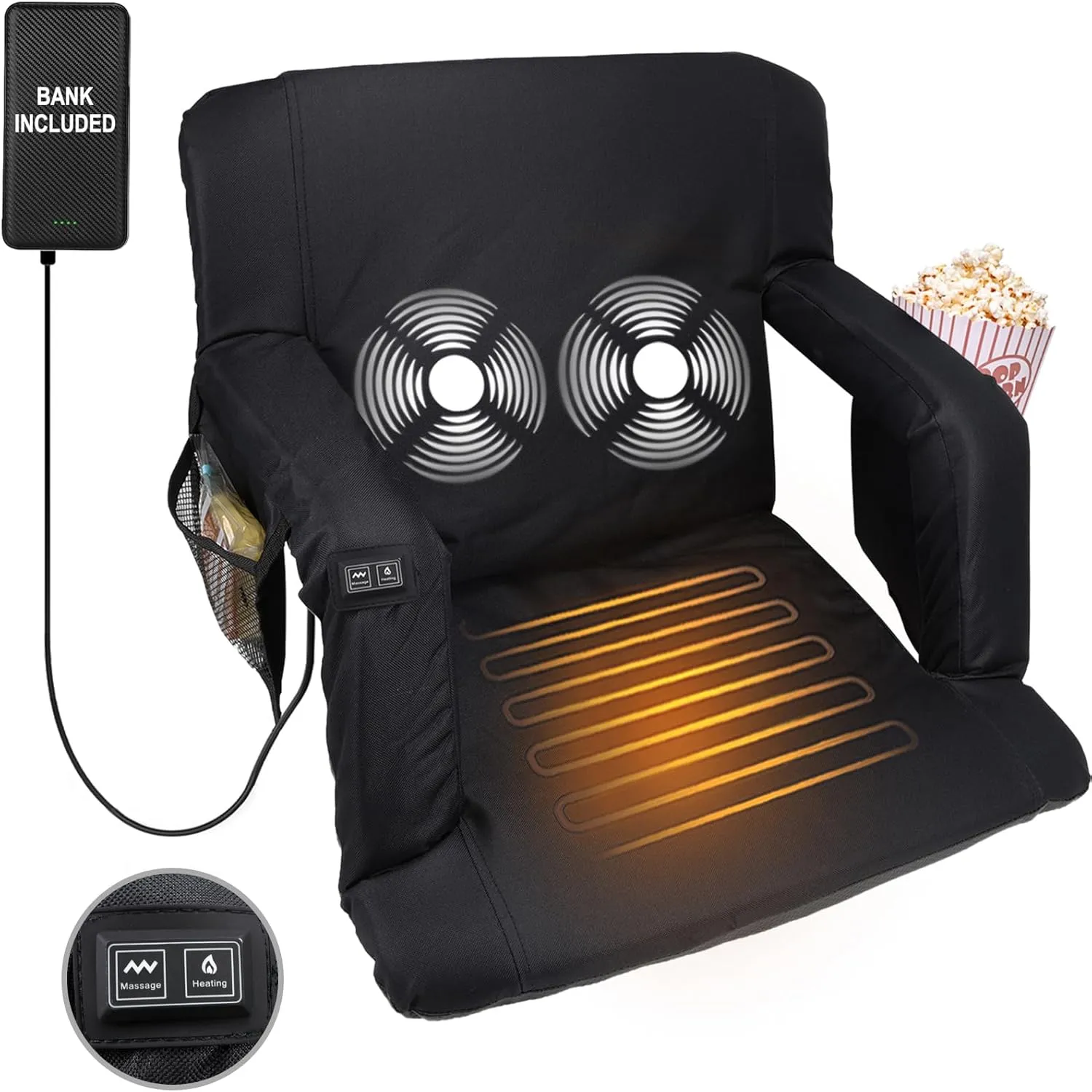 Heated Stadium Seats for Bleachers 21 Inch - Bleacher Seat with 10000mAh, Stadium Seats with Back Support, 3 Levels of Heat&Massage, 6 Reclining Positions, Stadium Chair Outdoor Sports