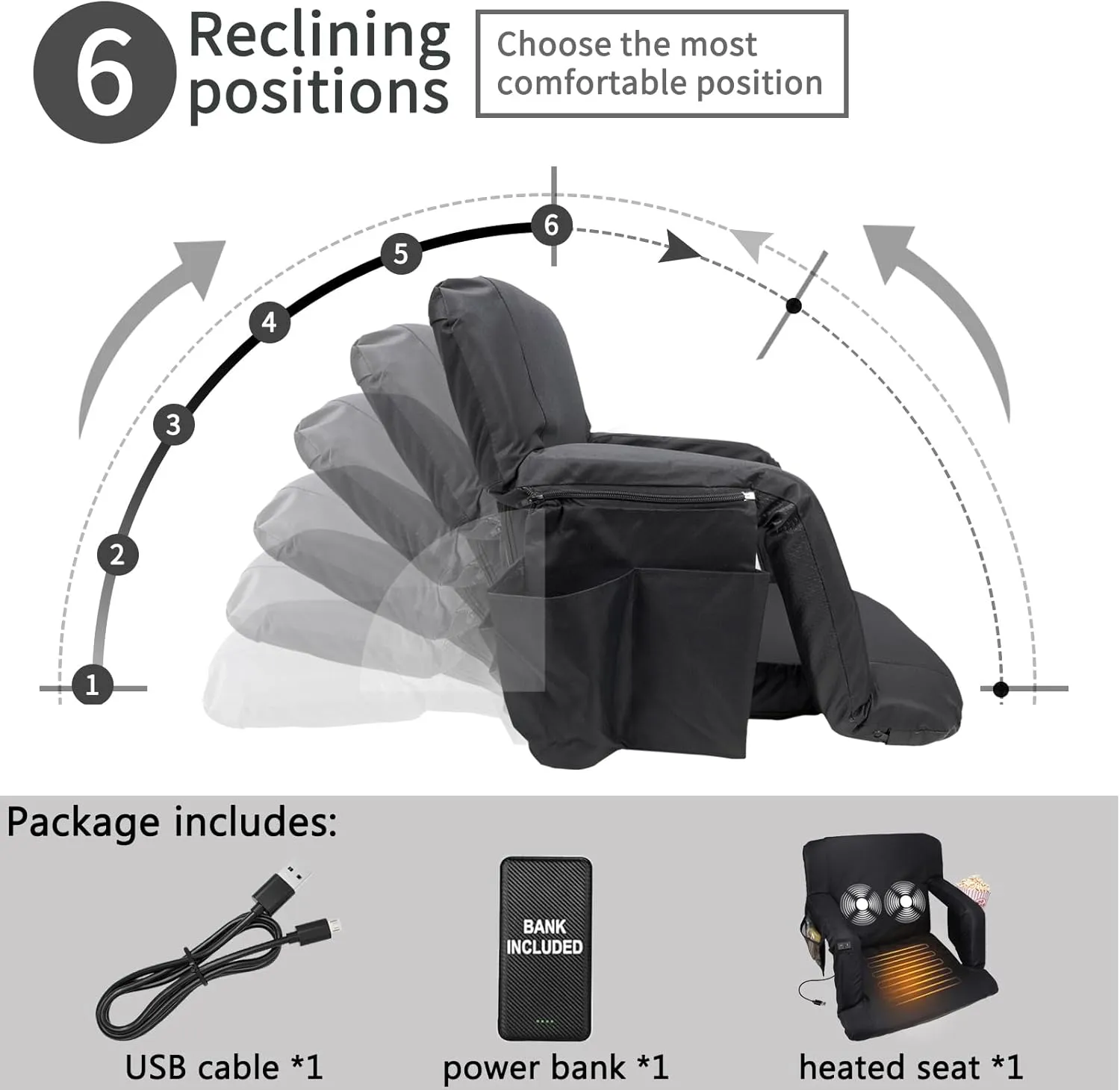Heated Stadium Seats for Bleachers 21 Inch - Bleacher Seat with 10000mAh, Stadium Seats with Back Support, 3 Levels of Heat&Massage, 6 Reclining Positions, Stadium Chair Outdoor Sports