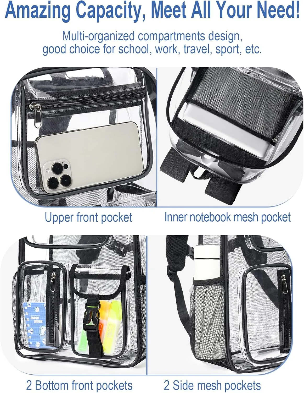 Heavy Duty Clear Backpack For School, 17 Inch Large Clear Bookbag For Women Men Boys Girls, See Through Backpack