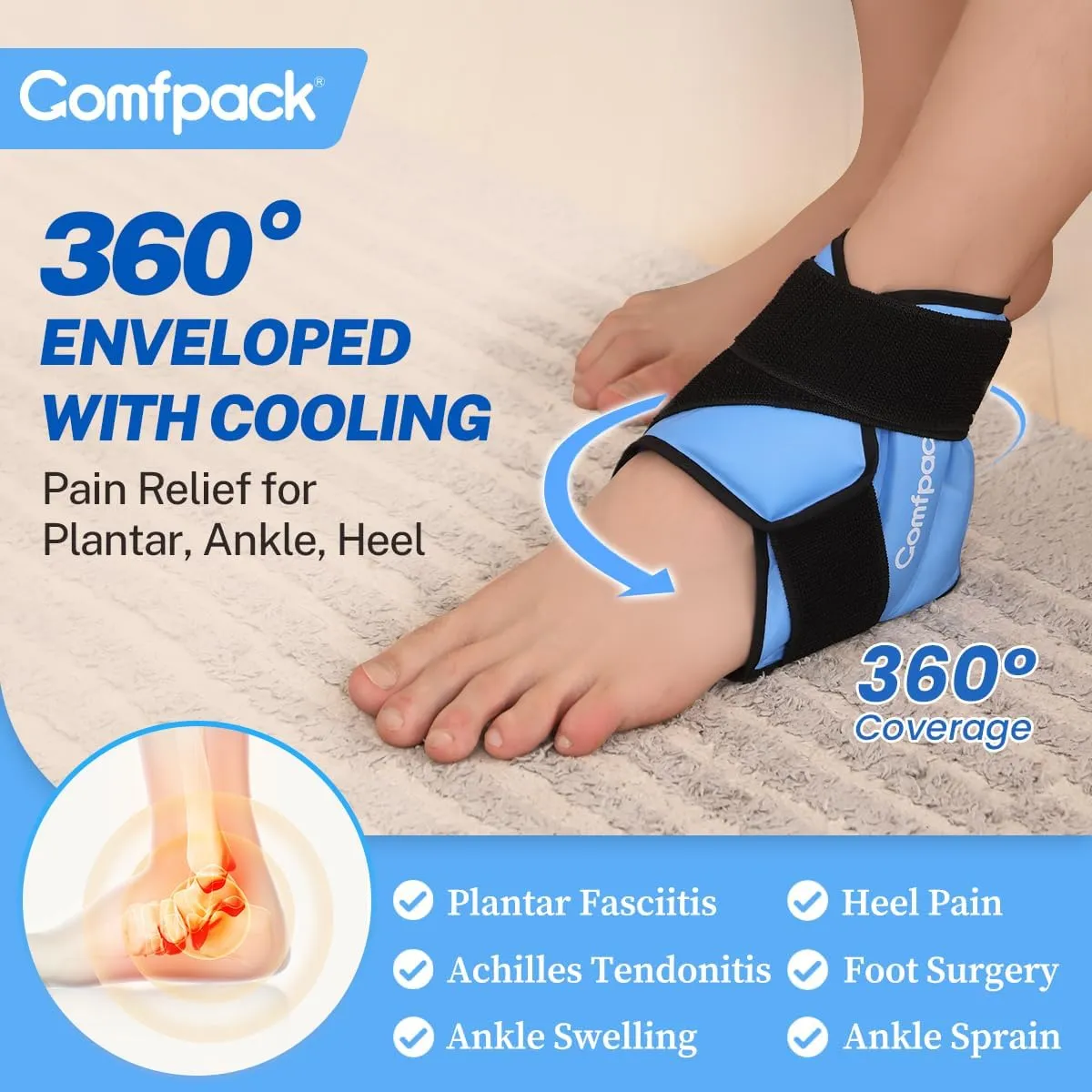 Heel Ice Pack for Plantar Fasciitis, Reusable Hot Cold Therapy Foot Ankle Wrap Achilles Tendonitis, Sprain, Swelling, Pain, Sports Injuries