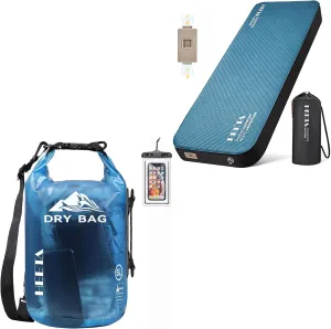 HEETA Waterproof Dry Bag for Women Men (Blue 5L) Bundled with Self Inflating Sleeping Pad with Electric Pump, 4" Ultra Thick Memory Foam Camping Mattress
