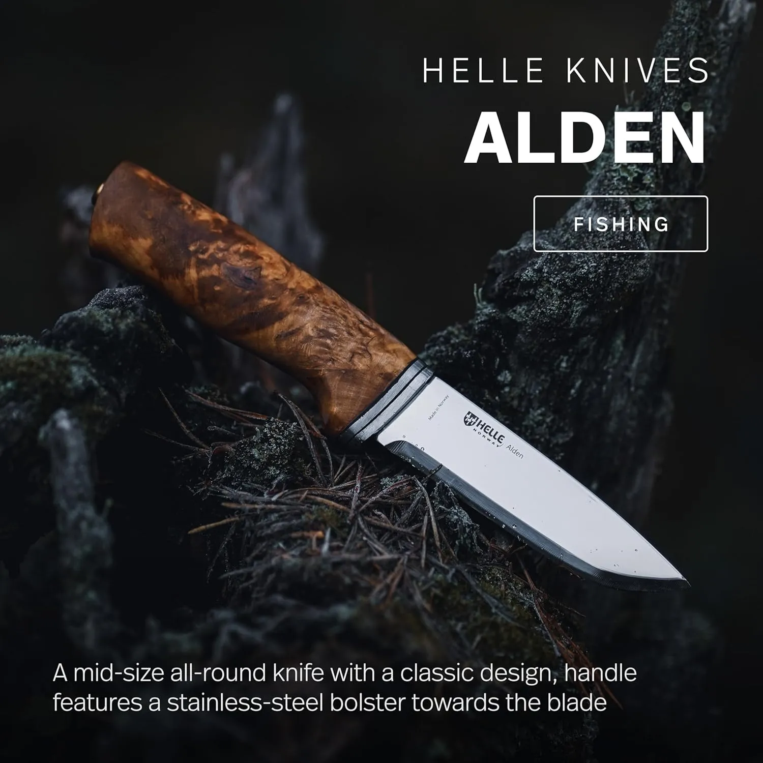 HELLE Knives - Alden - Outdoor Fishing Knife, Stainless Steel Drop Point Blade, Curly Birch Handle, Fixed Blade With Sheath, Handcrafted
