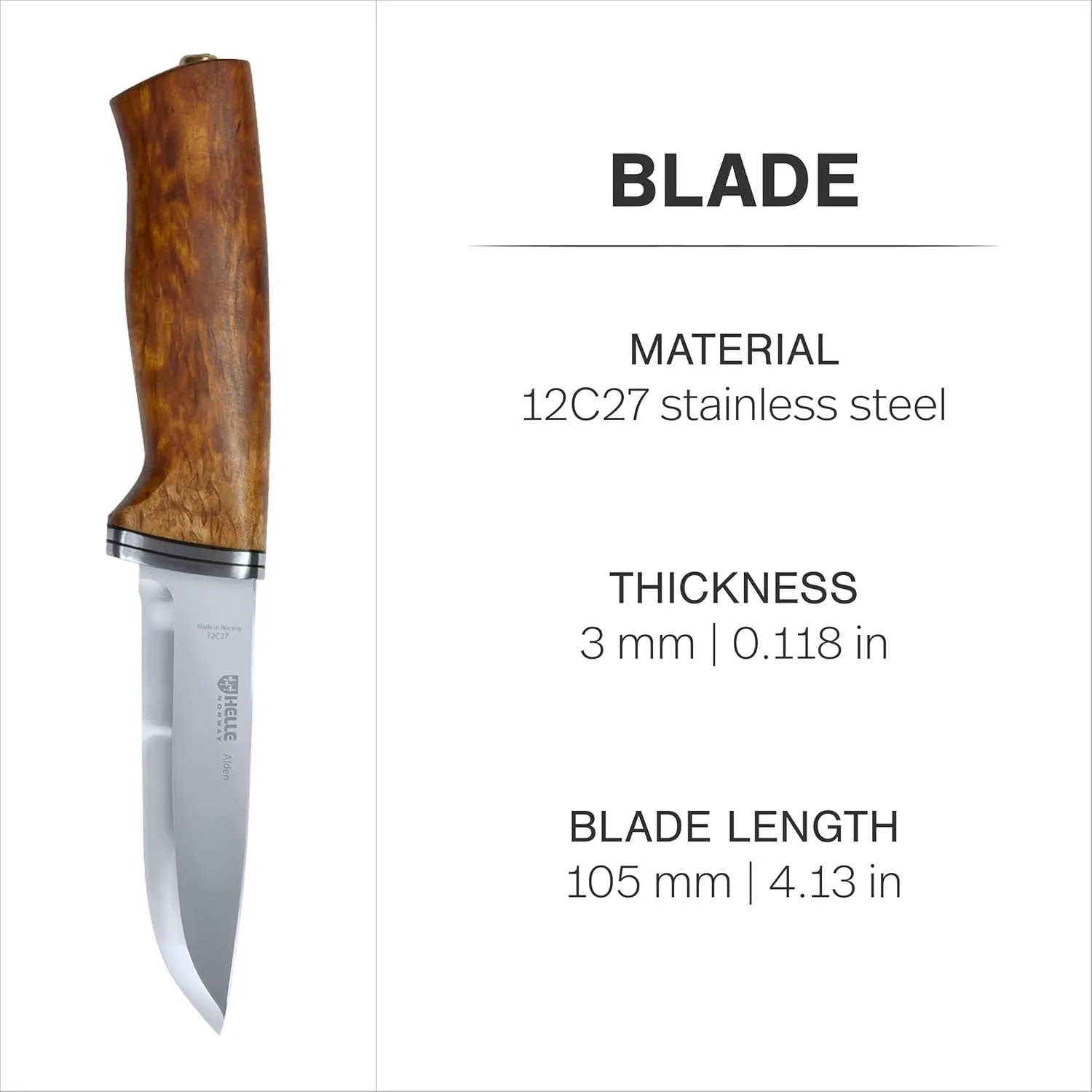 HELLE Knives - Alden - Outdoor Fishing Knife, Stainless Steel Drop Point Blade, Curly Birch Handle, Fixed Blade With Sheath, Handcrafted
