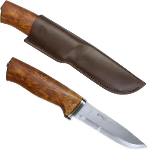 HELLE Knives - Alden - Outdoor Fishing Knife, Stainless Steel Drop Point Blade, Curly Birch Handle, Fixed Blade With Sheath, Handcrafted