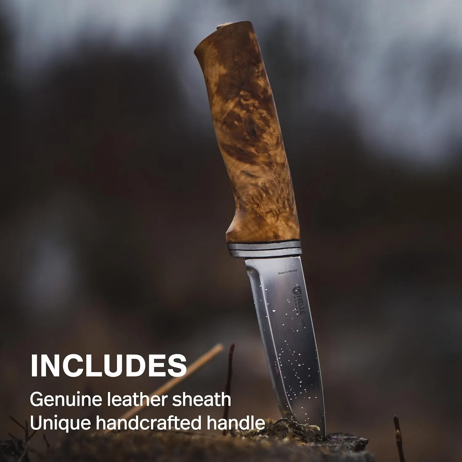 HELLE Knives - Alden - Outdoor Fishing Knife, Stainless Steel Drop Point Blade, Curly Birch Handle, Fixed Blade With Sheath, Handcrafted