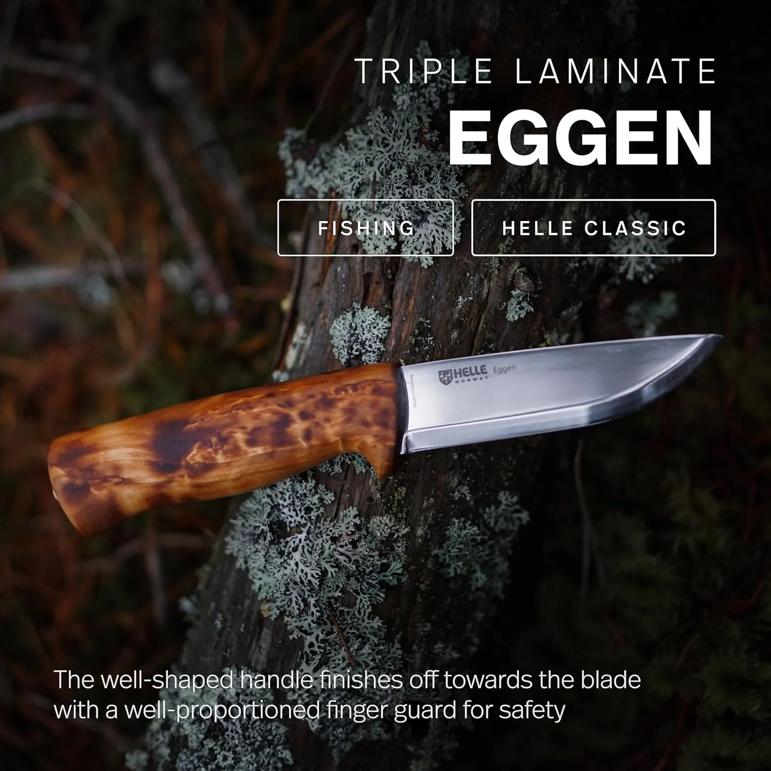 HELLE Knives - Eggen - Triple Laminated Stainless Steel, Outdoor Adventure Camping Knife with Sheath, Stick Tang Fixed Blade, Curly Birch Handle, Made in Norway