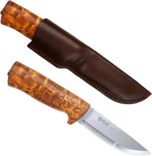 HELLE Knives - Eggen - Triple Laminated Stainless Steel, Outdoor Adventure Camping Knife with Sheath, Stick Tang Fixed Blade, Curly Birch Handle, Made in Norway