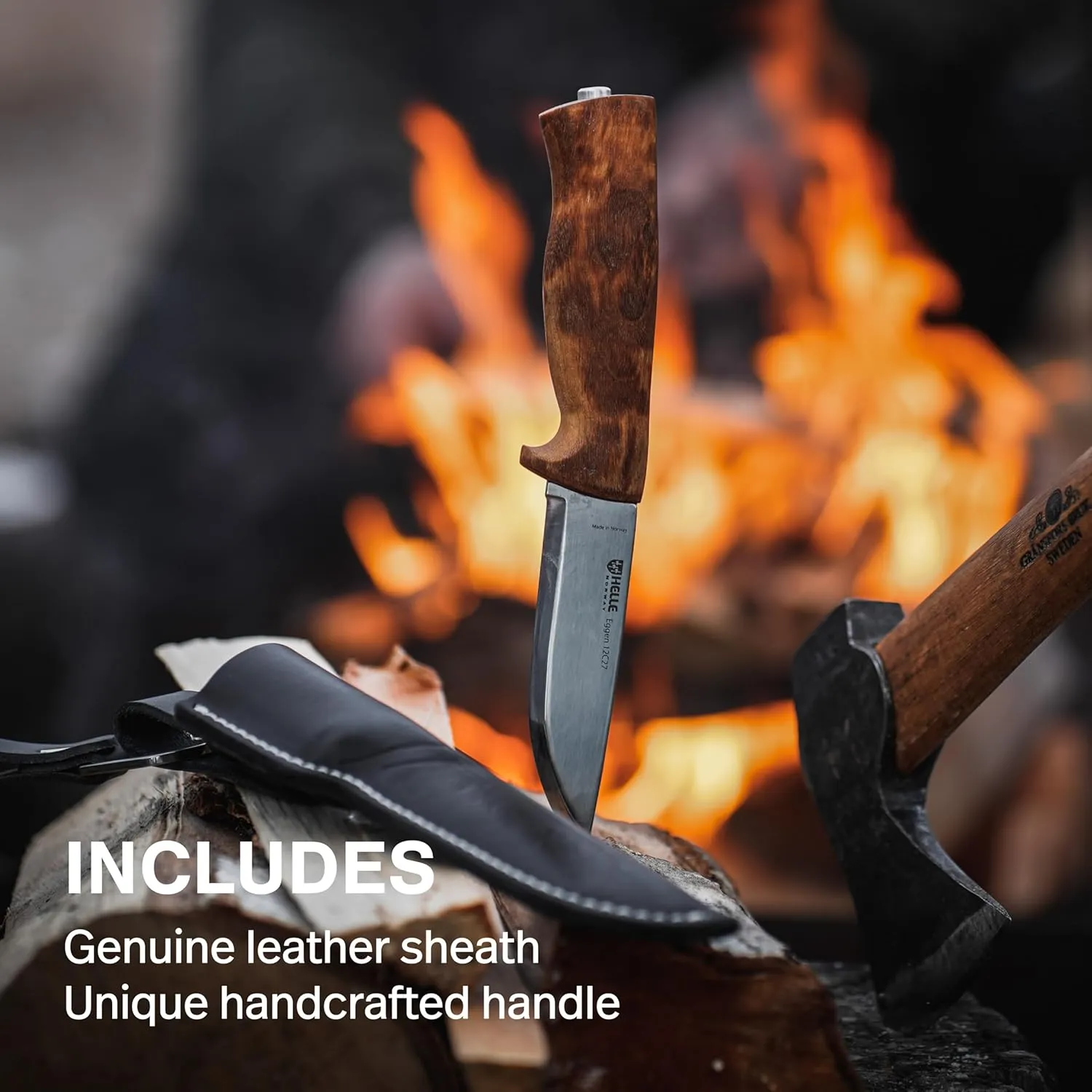 HELLE Knives - Eggen - Triple Laminated Stainless Steel, Outdoor Adventure Camping Knife with Sheath, Stick Tang Fixed Blade, Curly Birch Handle, Made in Norway