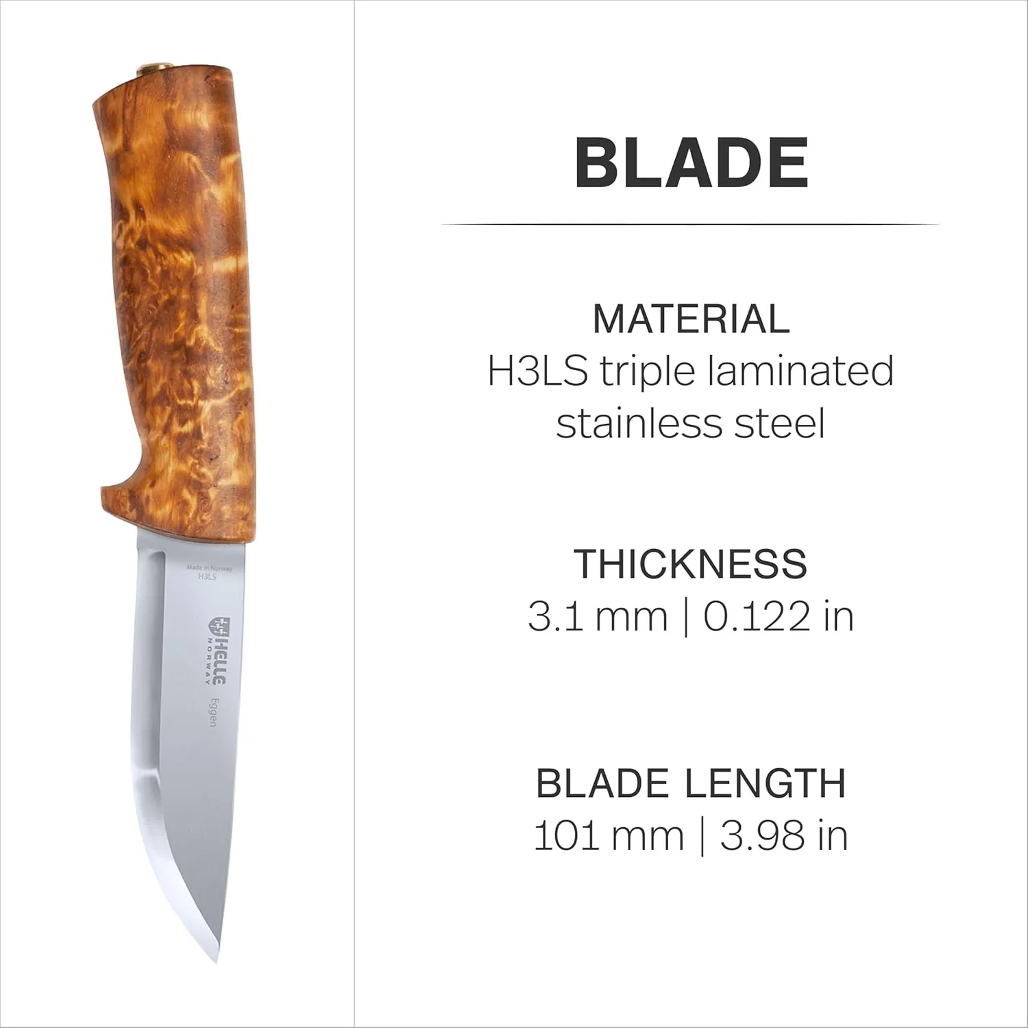 HELLE Knives - Eggen - Triple Laminated Stainless Steel, Outdoor Adventure Camping Knife with Sheath, Stick Tang Fixed Blade, Curly Birch Handle, Made in Norway