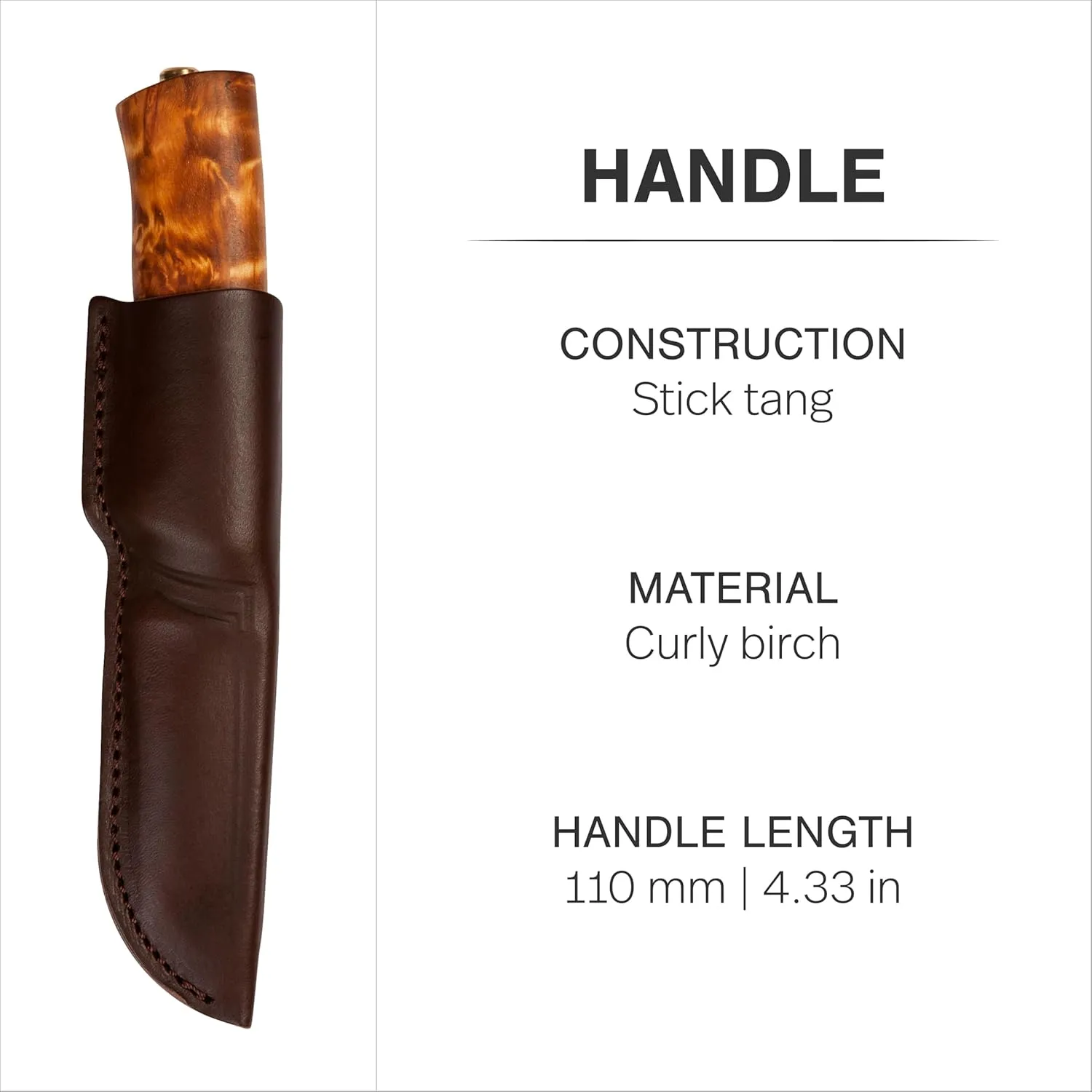 HELLE Knives - Eggen - Triple Laminated Stainless Steel, Outdoor Adventure Camping Knife with Sheath, Stick Tang Fixed Blade, Curly Birch Handle, Made in Norway