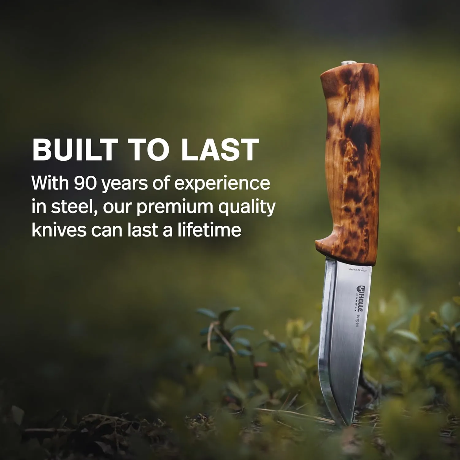 HELLE Knives - Eggen - Triple Laminated Stainless Steel, Outdoor Adventure Camping Knife with Sheath, Stick Tang Fixed Blade, Curly Birch Handle, Made in Norway