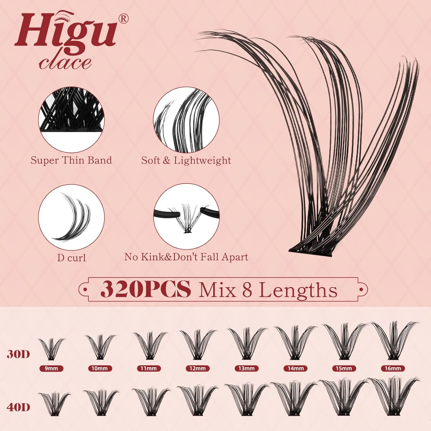 Higu clace DIY Lash Extension Kit, 320pcs Lash Clusters, with Eyelash Bond and Seal Cluster Lashes Glue Remover Lashes Applicator for D curl Eyelash Extension Natural Look at Home(30D 40D-Kit)