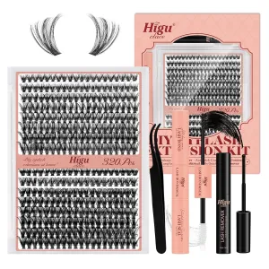 Higu clace DIY Lash Extension Kit, 320pcs Lash Clusters, with Eyelash Bond and Seal Cluster Lashes Glue Remover Lashes Applicator for D curl Eyelash Extension Natural Look at Home(30D 40D-Kit)