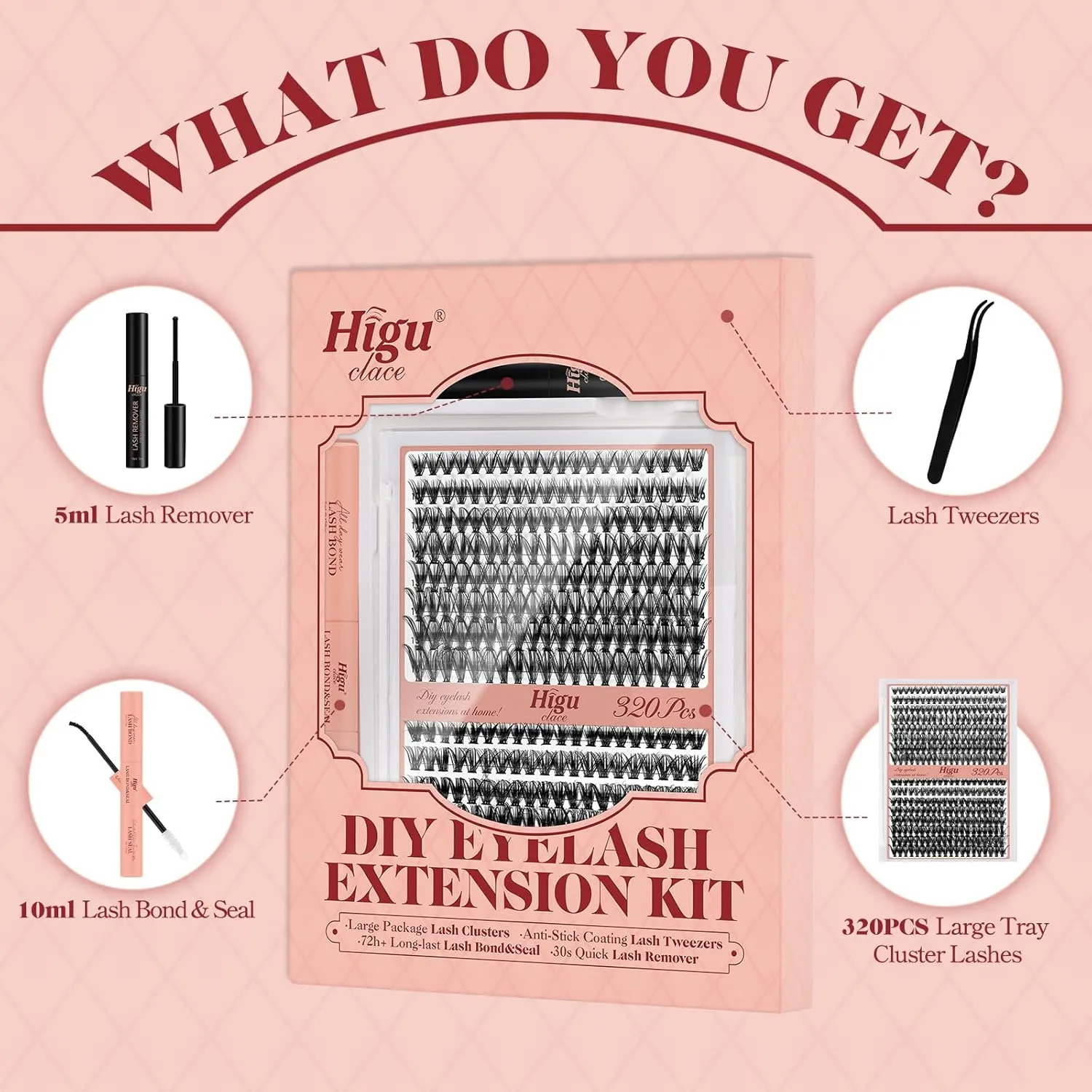 Higu clace DIY Lash Extension Kit, 320pcs Lash Clusters, with Eyelash Bond and Seal Cluster Lashes Glue Remover Lashes Applicator for D curl Eyelash Extension Natural Look at Home(30D 40D-Kit)