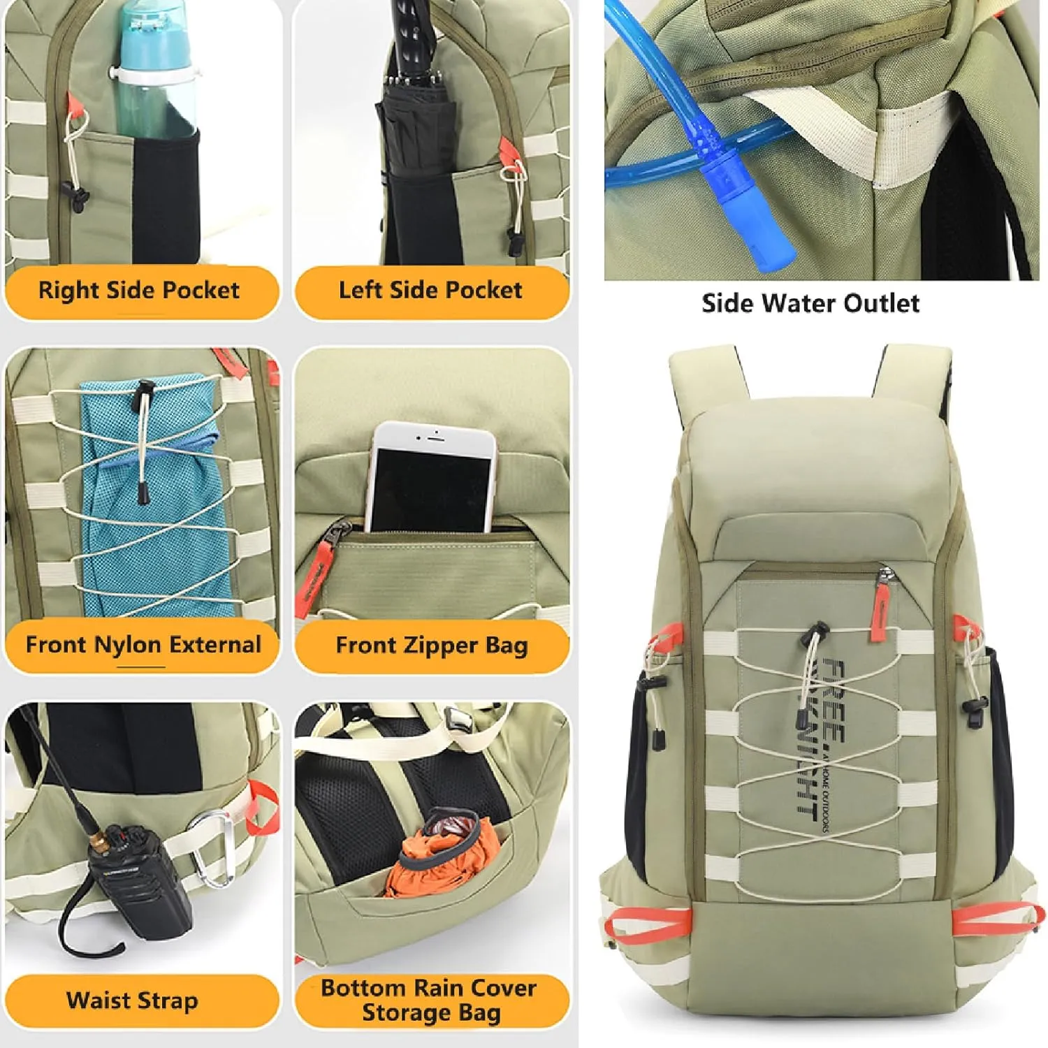 Hiking Backpack Waterproof Lightweight Casual Daypack with Rain Cover, Outdoor Sport Travel Camping Bag,Milky green,40L