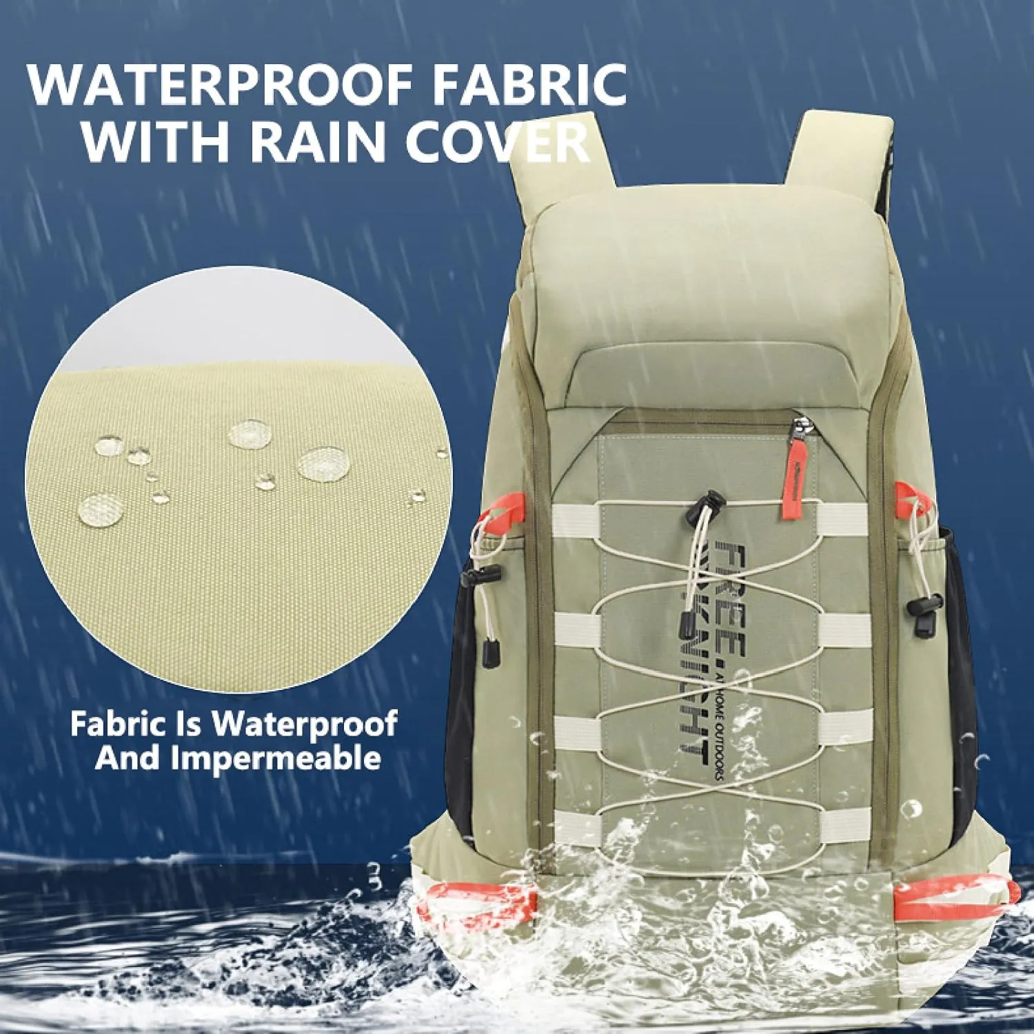 Hiking Backpack Waterproof Lightweight Casual Daypack with Rain Cover, Outdoor Sport Travel Camping Bag,Milky green,40L