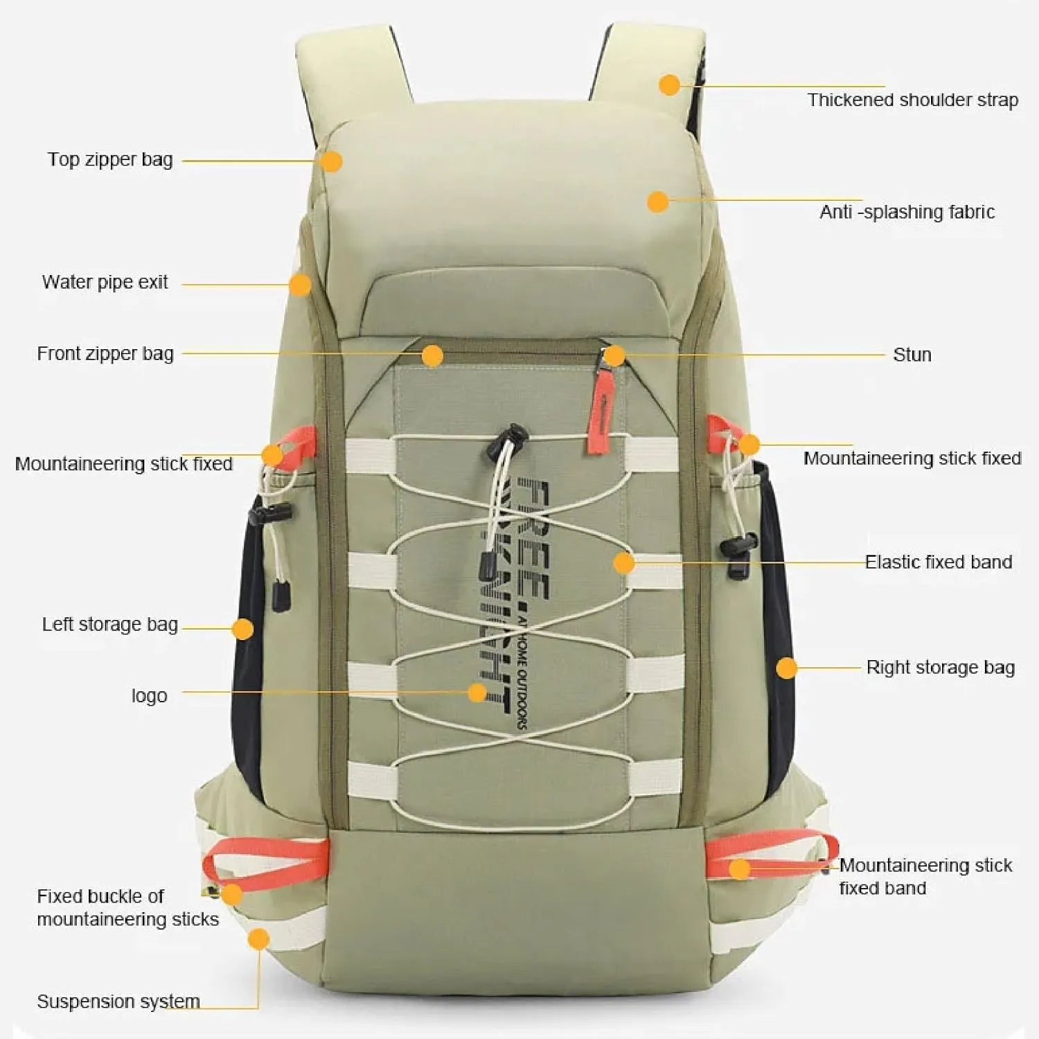 Hiking Backpack Waterproof Lightweight Casual Daypack with Rain Cover, Outdoor Sport Travel Camping Bag,Milky green,40L