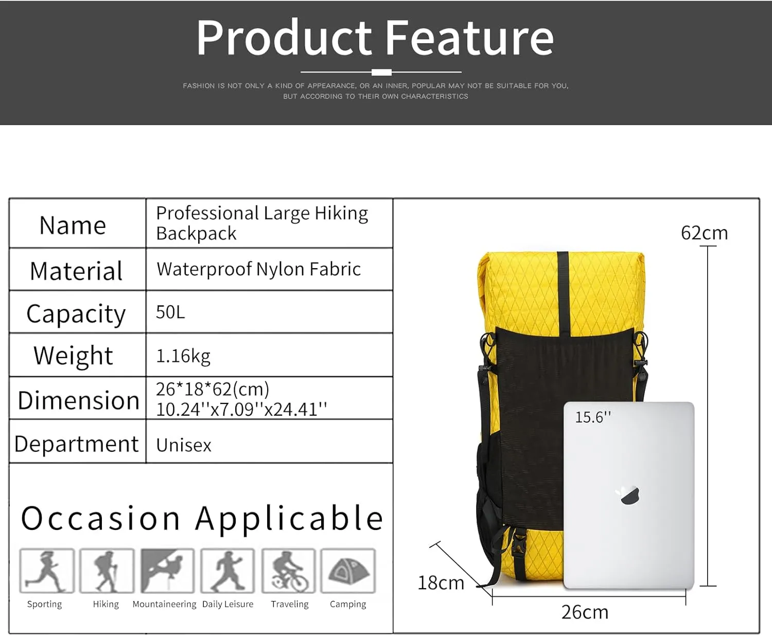 Hiking Backpack,40L to 50L Extra Large Capacity Hiking Bag, Internal Frame Camping Backpack, Upgraded X-PAC Lightweight Sport Daypack Travel Backpack Fit For Mountain Climbing Camping(Yellow)