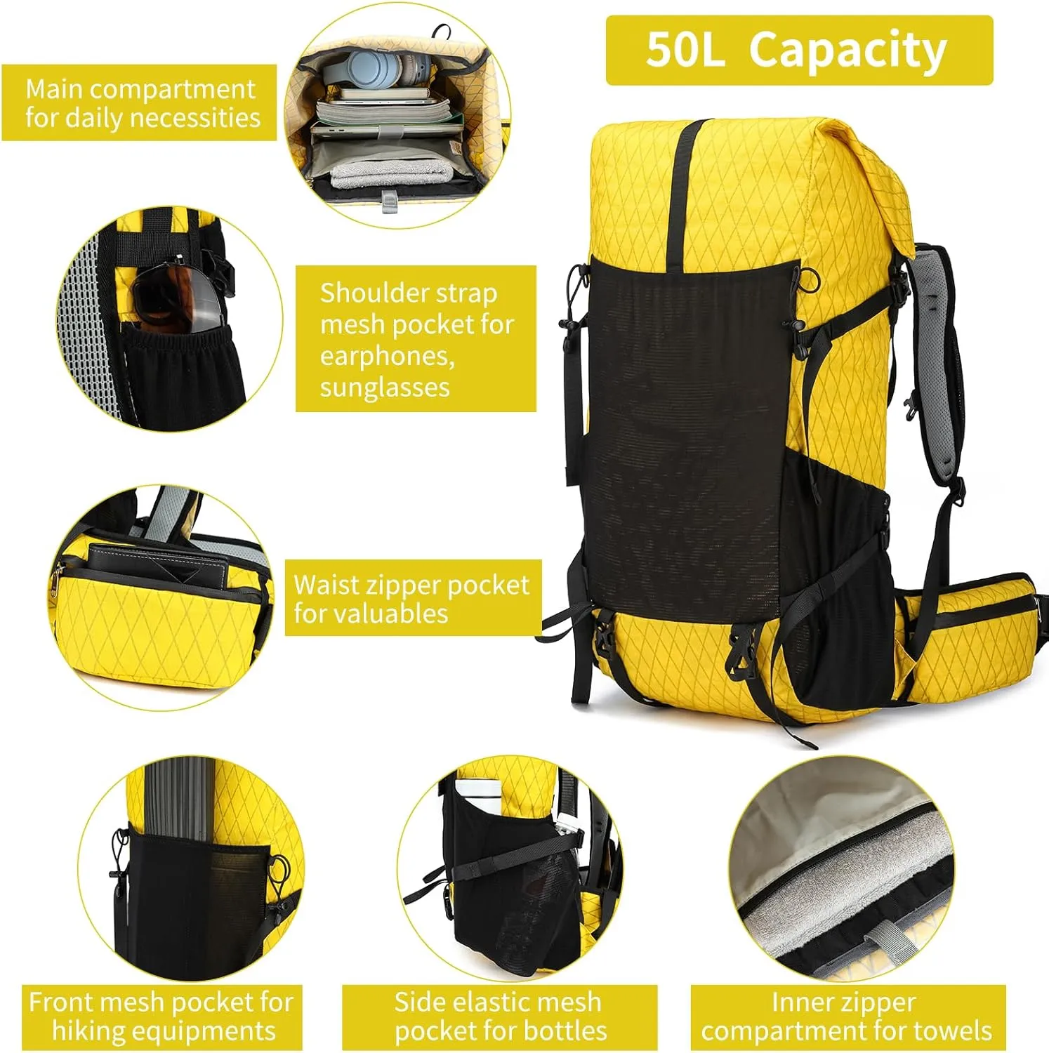 Hiking Backpack,40L to 50L Extra Large Capacity Hiking Bag, Internal Frame Camping Backpack, Upgraded X-PAC Lightweight Sport Daypack Travel Backpack Fit For Mountain Climbing Camping(Yellow)