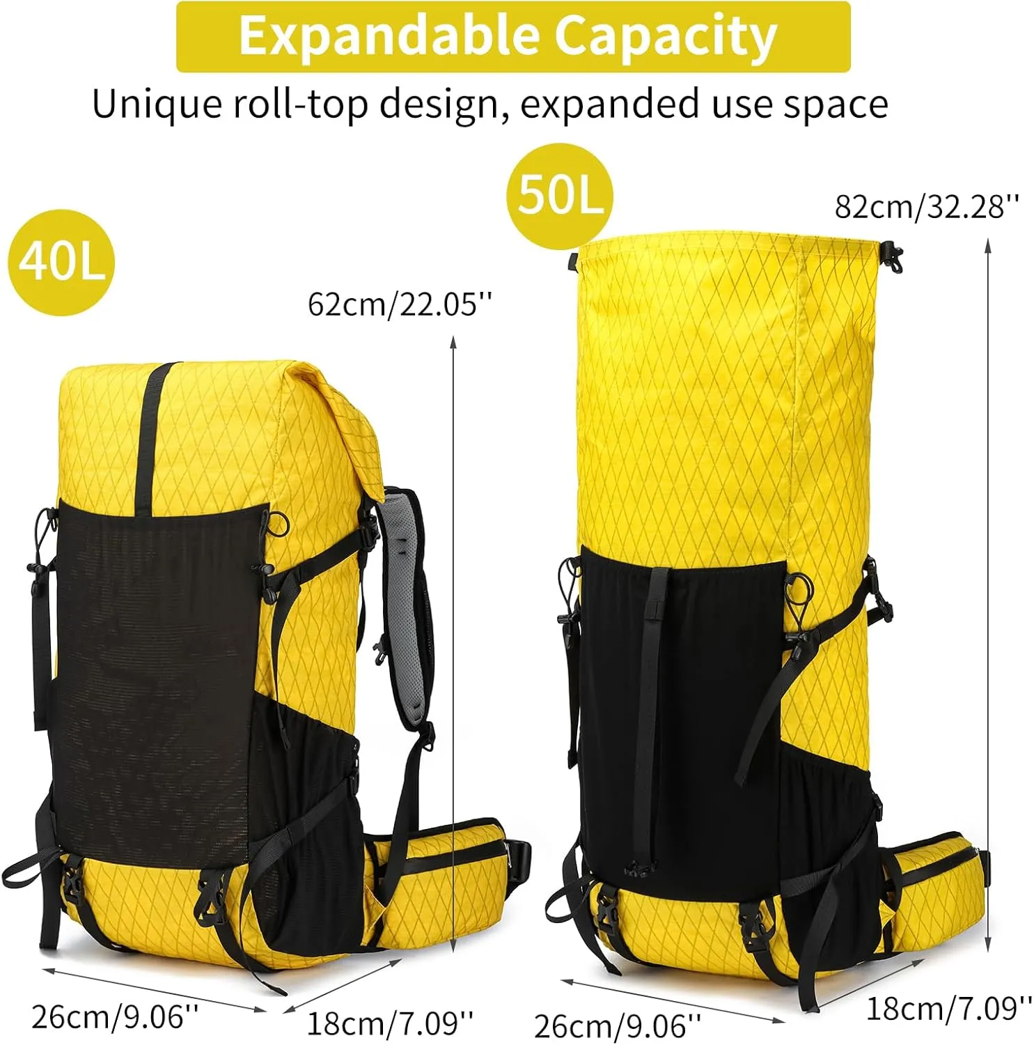 Hiking Backpack,40L to 50L Extra Large Capacity Hiking Bag, Internal Frame Camping Backpack, Upgraded X-PAC Lightweight Sport Daypack Travel Backpack Fit For Mountain Climbing Camping(Yellow)