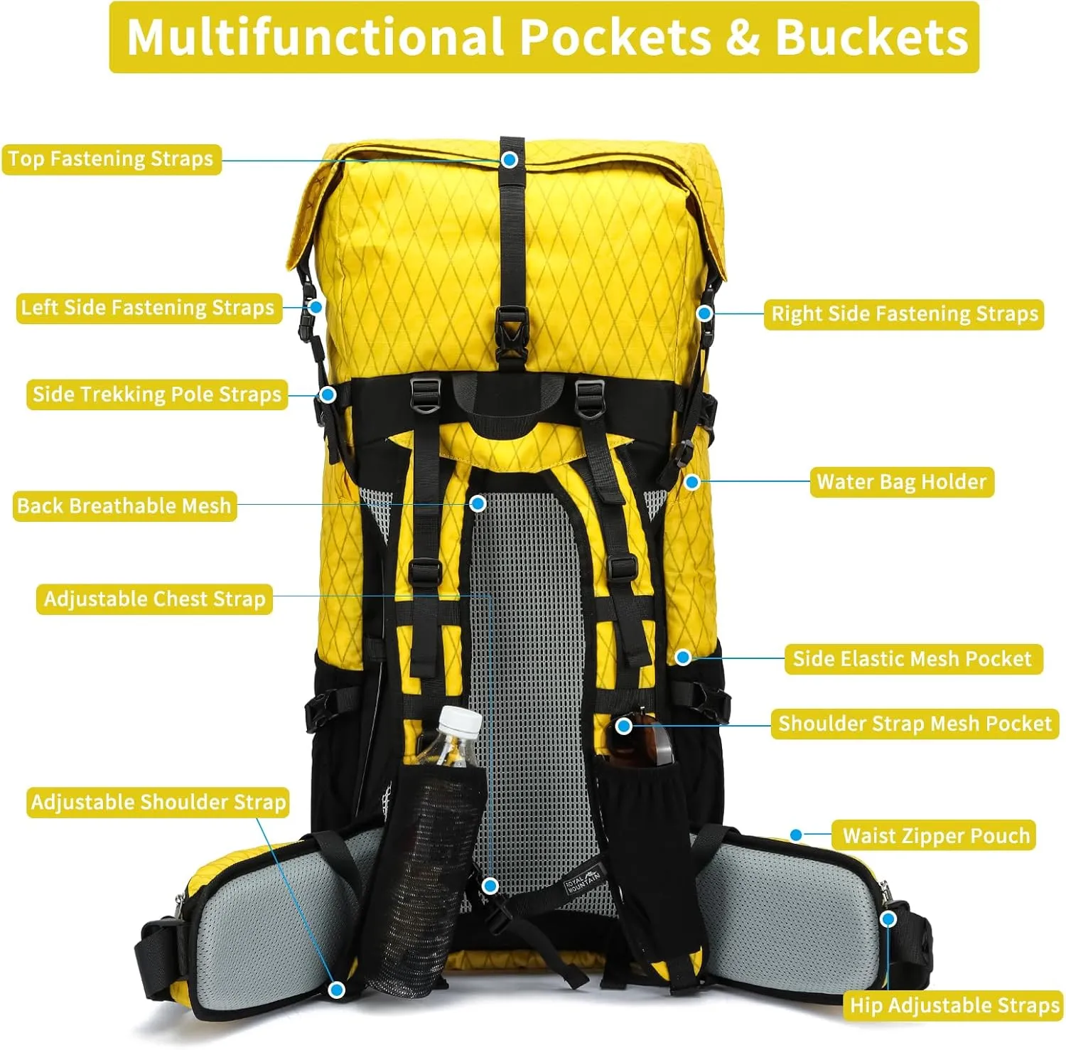 Hiking Backpack,40L to 50L Extra Large Capacity Hiking Bag, Internal Frame Camping Backpack, Upgraded X-PAC Lightweight Sport Daypack Travel Backpack Fit For Mountain Climbing Camping(Yellow)