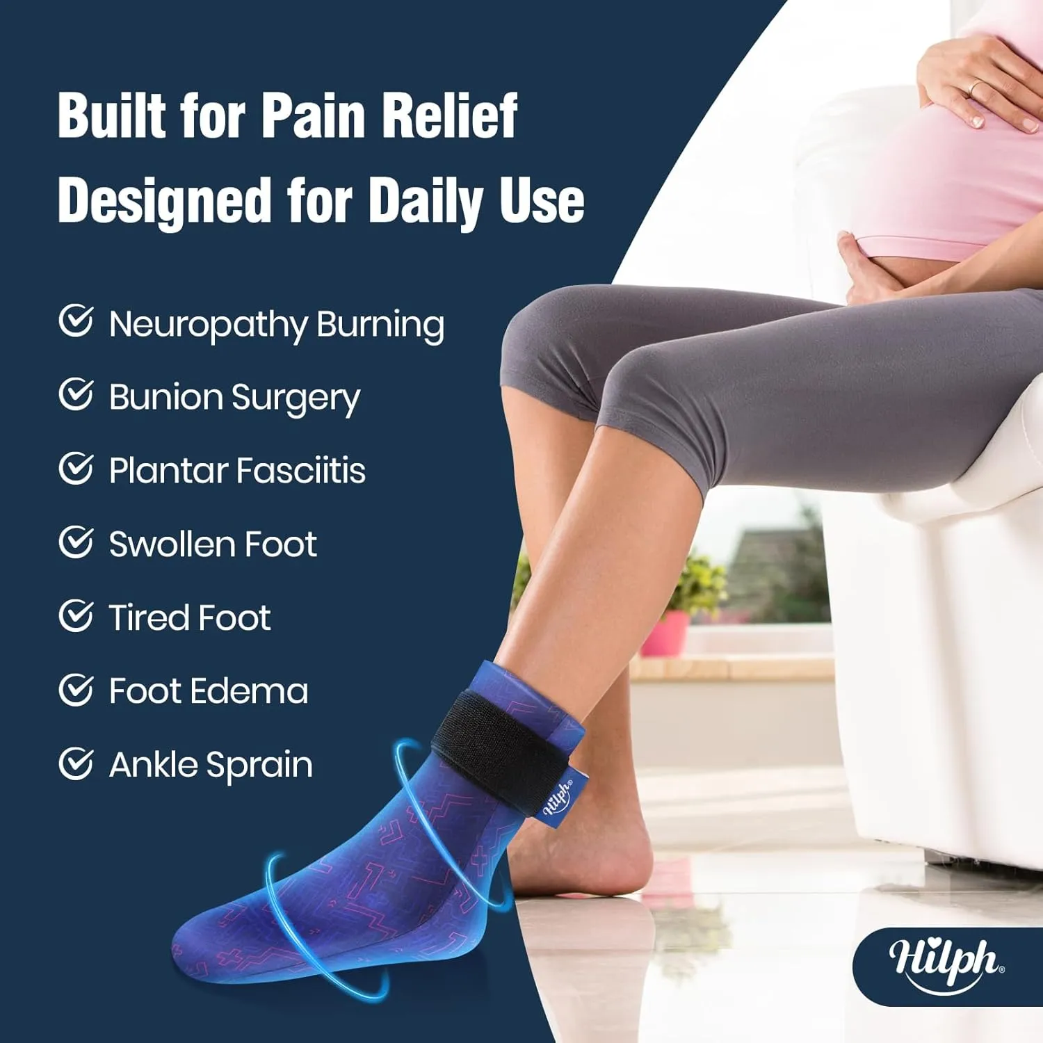 Hilph Full Foot Ice Pack Gel Sock for Hot & Cold Therapy - Reusable Cooling Sock for Toe Pain, Plantar Fasciitis & Hot Feet - Easy Slip On Design for Chemotherapy, Postpartum Recovery, 1-Pack, Blue